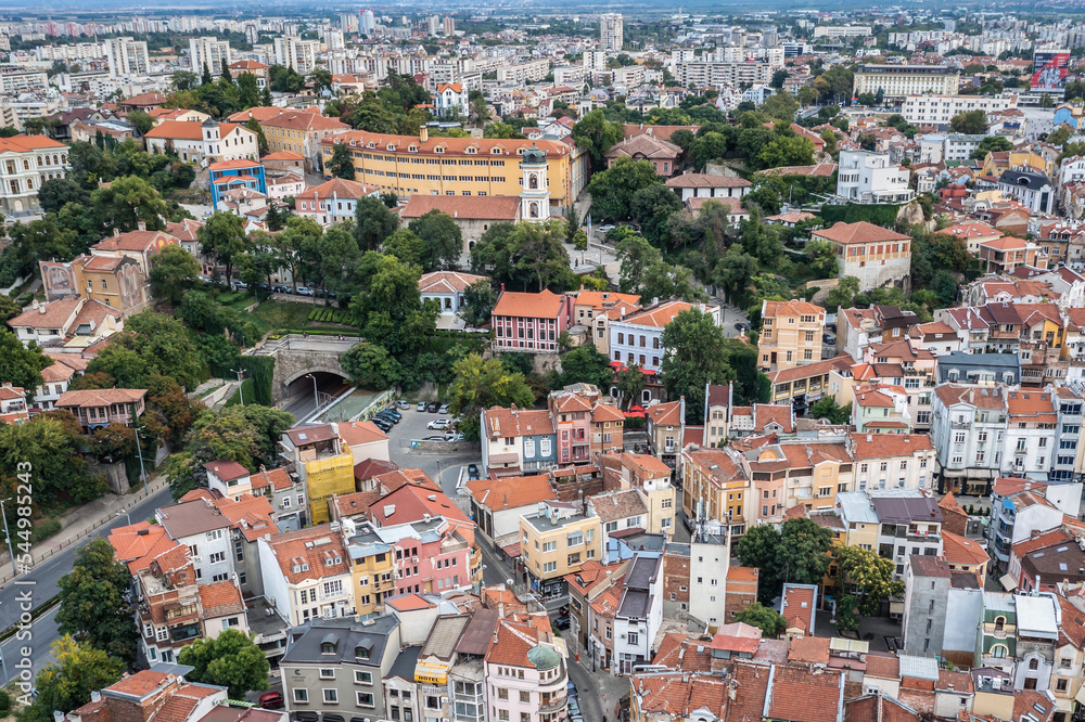 Aerial view of Kapana area, historic part of Plovdiv city, Bulgaria