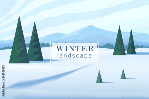 Beautiful winter landscape. Christmas trees, snow and mountains in winter. winter picture