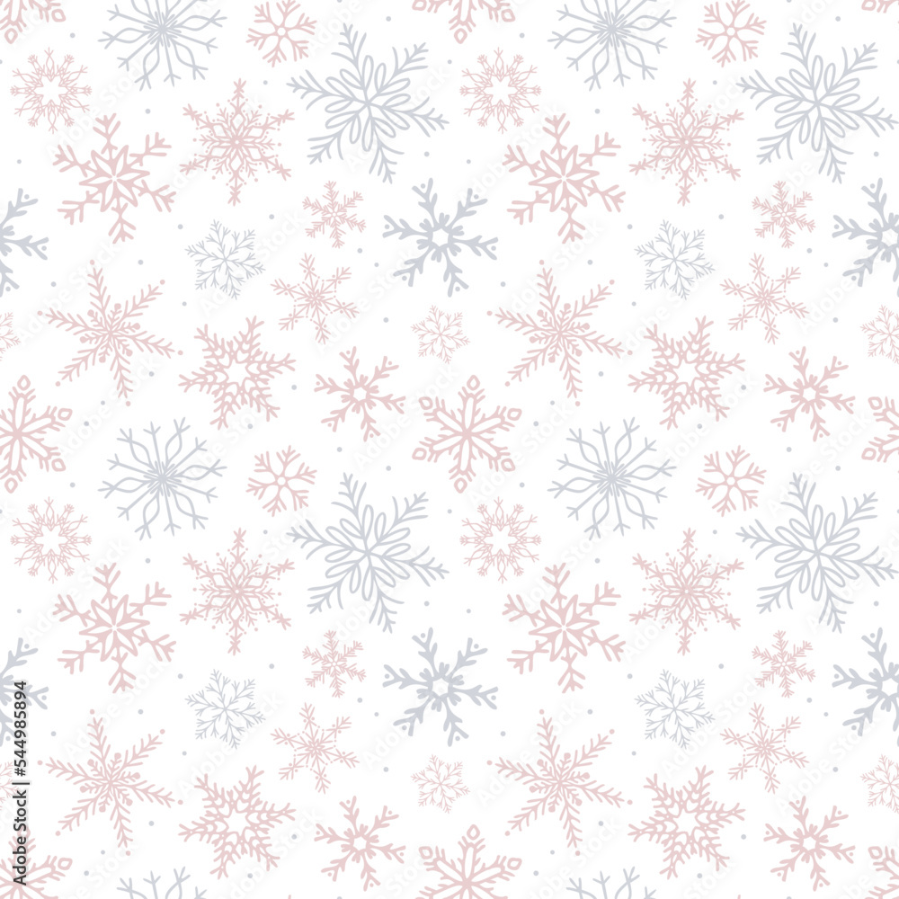Vector hand-drawn pink and grey snowflakes pattern. Snow icon silhouettes. Background for christmas, winter prints, seasonal greetings.