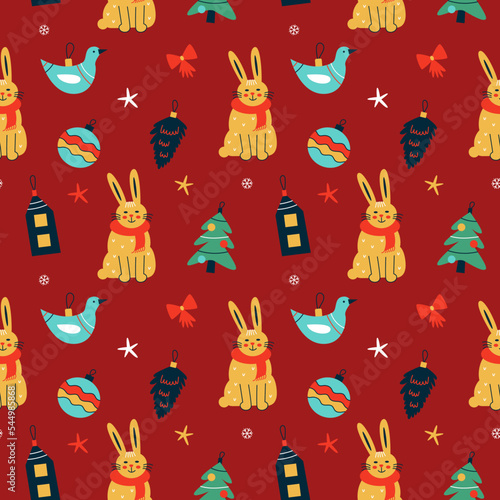 Seamless pattern with cute rabbits and Christmas tree decorations on red background. Christmas design for fabric and paper, surface textures.