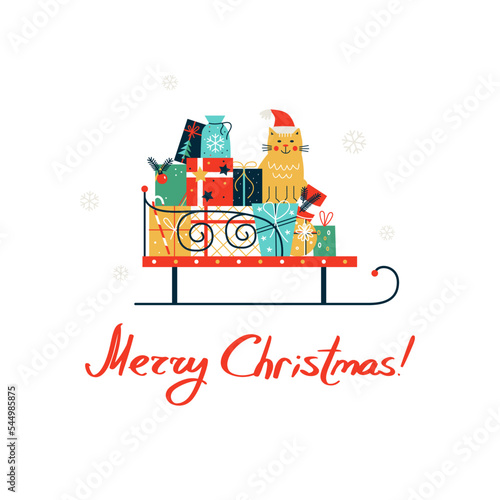 Vector illustration with happy cat sitting in a sleigh full of presents and Merry Christmas lettering. Christmas card with smiling character.