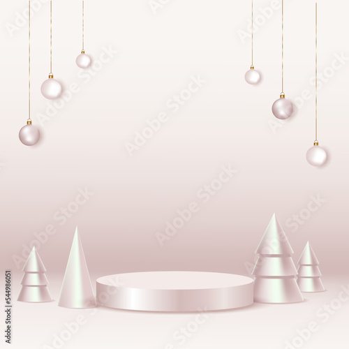 Abstract realistic 3D pink, gold cylinder pedestal podium with Luxury christmas tree and ball. Merry christmas and happy new year scene for product display presentation. Vector