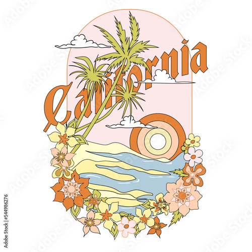 California beach with palm tree, sea, flowers, sky view, Beach hand sketch graphic print design for t shirt print, poster, sticker, background and other uses. Palm tree with birds colorful retro print