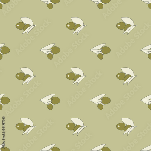 Minimalist organic seamless pattern of olive branches on colored background
