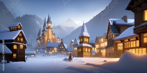 Rpg videogame town during winter illustration concept art © Maxime