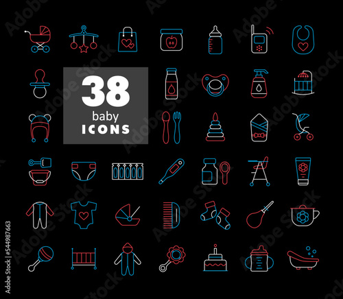 Baby, feeding and care icons set