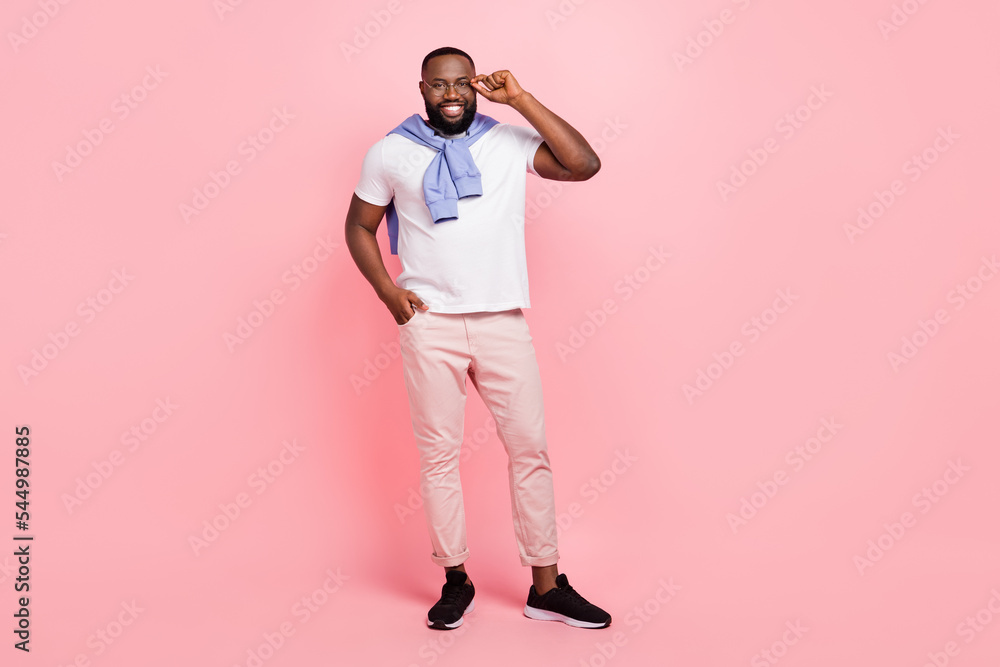 Fototapeta premium Full size picture of groomed smart businessman found his own company isolated on pink color background