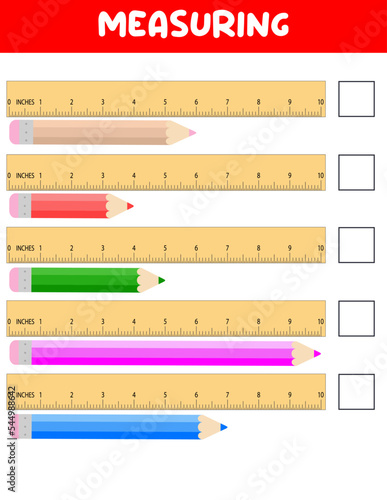 Measuring length  with ruler. Education developing worksheet. Game for kids.Vector illustration. practice sheets.Pencil measurement in inches
