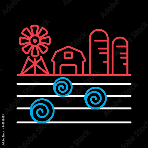 Farm landscape with barn, haystack and granary