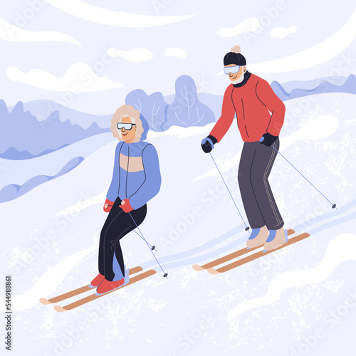 Active mature couple in sportswear ride on ski. Eldery man and woman enjoying outdoor winter physical activity. Vector flat illustration with landscape. Family spending time together doing sport
