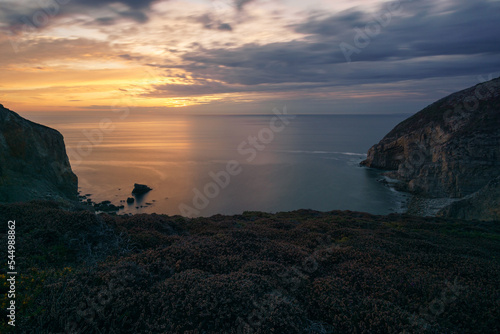 Long exposure of coast near Cap de la Chevre with heather covered landscape at sunset, Crozon, Parc naturel regional d'Armorique Brittany, France