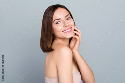 Tableau sur toile Photo of joyful pretty lady touch cheeks fingers hands enjoy smooth skin nourish