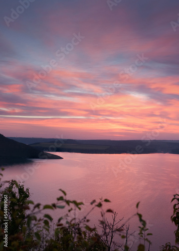 Sunset view of Bakota Bay with pink sky on dusk. Located on place of old vill...