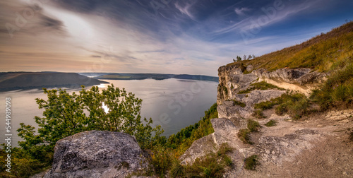 a beautiful view from the bank of Bakota to the Dniester Canyon under the blu...