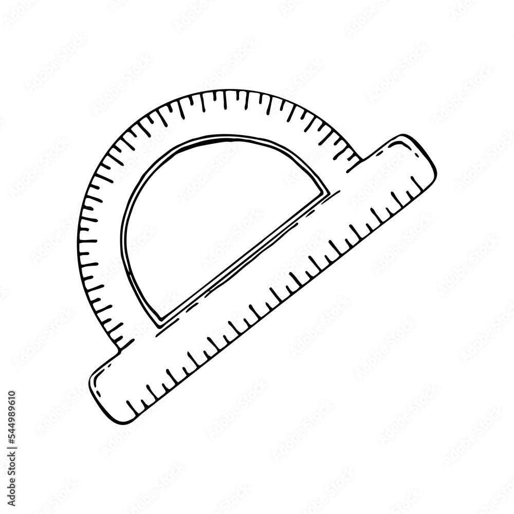 Ruler protractor line art. Measuring device, circle, radius, straight