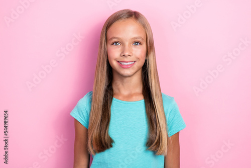 Closeup photo of funny cute schoolgirl blonde hair toothy beaming smile enjoy her classes language courses isolated on pink color background