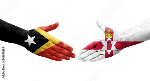 Handshake between Northern Ireland and Timor Leste flags painted on hands, isolated transparent image. photo