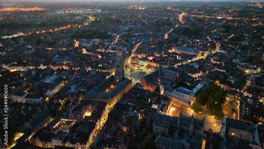 Aerial of Belfry of Bruges is a medieval bell tower in the centre of Bruges Belgium. 4k Aerial of Belfry of Bruges is a medieval bell tower in the centre of Bruges Belgium. 4k