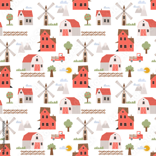 Seamless pattern of a little town and a farm. There is little houses, trees, red truck, mill, hangar and mountains in the pattern. Vector illustration for wrapping paper, cards, fabric. Flat style.