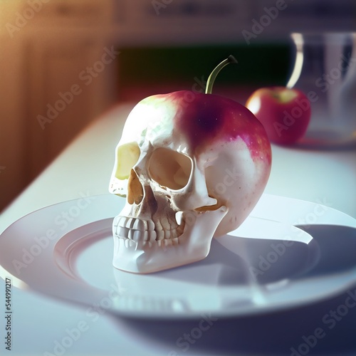 Red apple shaped like human skull photo