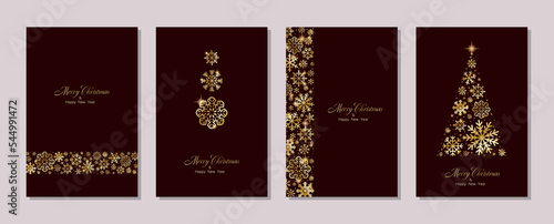 Merry Christmas and Happy New Year greeting card design with golden stars and snowflakes decorated on Christmas background for banner, poster or cards. Beautiful Christmas background.