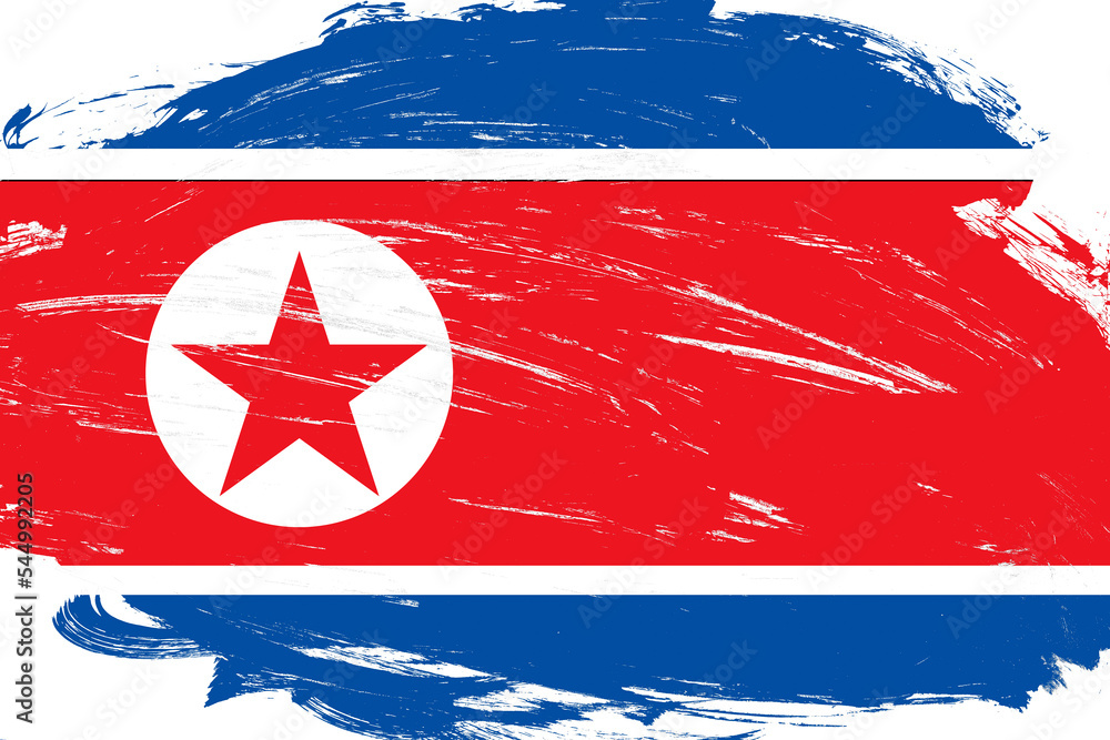 Distressed stroke brush painted north korea flag on white background