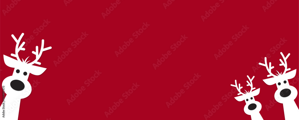 Cute Christmas reindeer on a red background. Christmas background, banner, or card.
