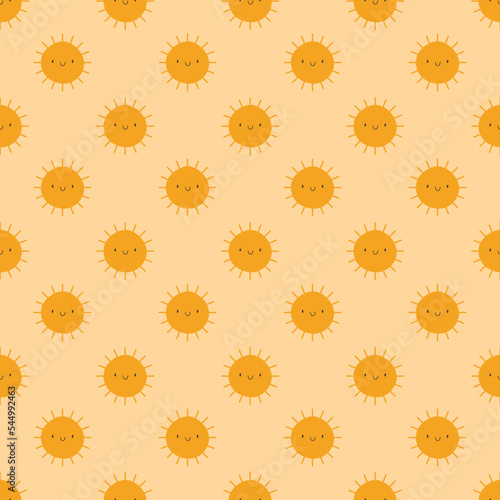 Seamless vector pattern of bright smiling sun on yellow background. Doodle style, vintage. For example the pattern for baby clothes or wrapping paper.