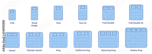 Mattress Sizes for Bed Room. Mattress and Bed Size Dimension Silhouette Icon Set. Bed Length Measurement for Bedchamber in Hotel or Home Pictogram. Isolated Vector Illustration