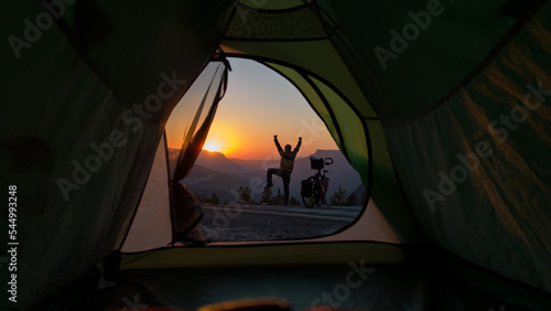 camping life of long touring cyclist, positive and relaxing start to the day