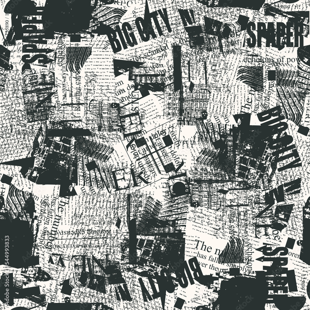 Seamless pattern with collage of newspaper or magazine clippings. Retro style vector background with titles, illustrations and imitation text. Suitable for wallpaper design, wrapping paper, fabric Seamless pattern with collage of newspaper or magazine clippings. Retro style vector background with titles, illustrations and imitation text. Suitable for wallpaper design, wrapping paper, fabric