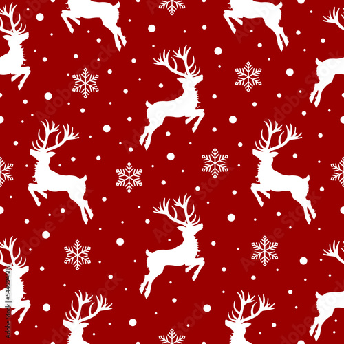 Seamless pattern deers and snowflakes. Christmas, New Year background for the design of wrapping paper, postcards, fabrics, textiles, banners. Festive texture.Vector illustration.