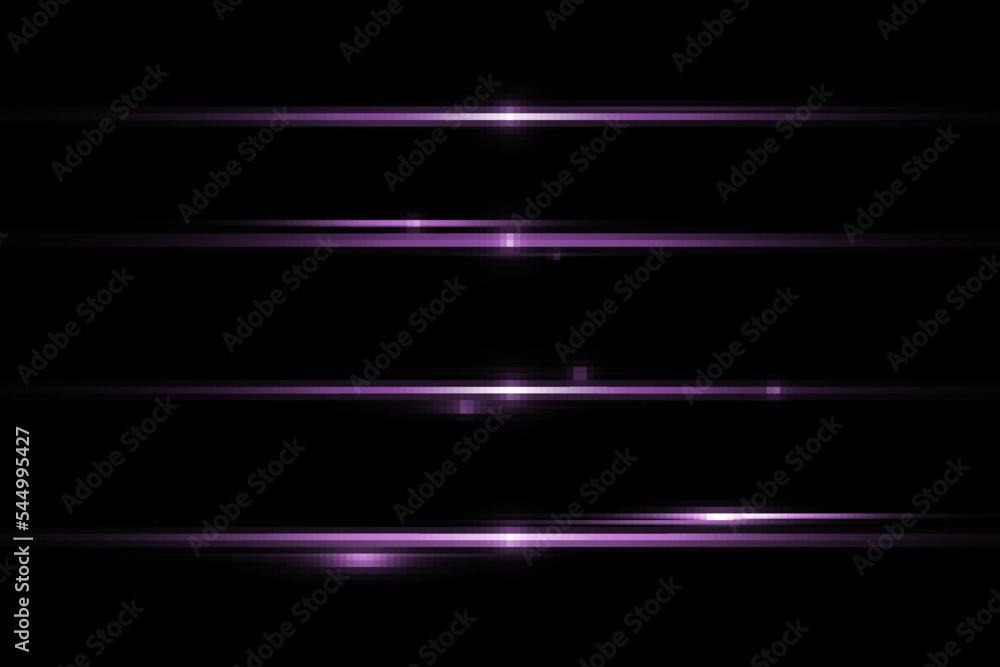 Horizontal lens flares, light rays with sparks on black background, light effect, purple color Horizontal lens flares, light rays with sparks on black background, light effect, purple color