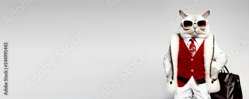 Obraz na plátně Trending Fancy white cat wearing Santa Claus clothes , hat and sunglasses posing on white background