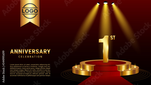 1st Anniversary. Template design with golden stage for celebration event, wedding, greeting card and invitation card. Vector illustration EPS10