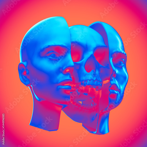 Abstract anatomic concept illustration from 3d rendering of a marble female head sliced open in two showing a screaming skull inside and isolated on background in colorful vaporwave style.