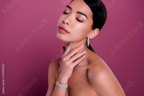 Close up photo of magnificent lady prepare for celebration spa shower making body smooth isolated pink color background photo