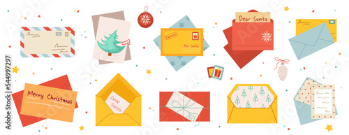 Set of New Year's greeting envelopes and letters on an isolated white background. Collection of colorful holiday vector illustrations. Merry Christmas calligraphy. Kraft paper envelopes.