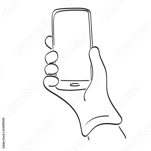 line art hand in glove holding touchscreen smartphone with blank space illustration vector hand drawn isolated on white background