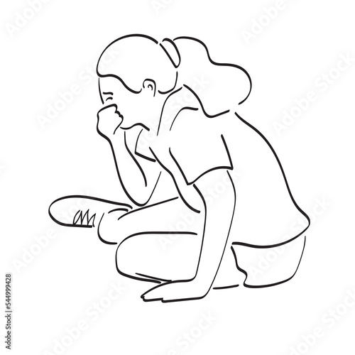 line art female teenager crying on the ground illustration vector hand drawn isolated on white background