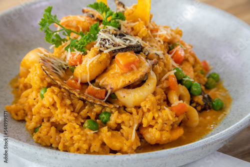 Typical peruvian food and drinks, seafood rice