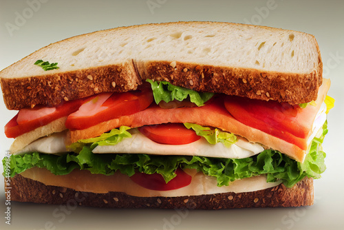 Lunch sandwich with ham and cheese and lettuce. Close view
