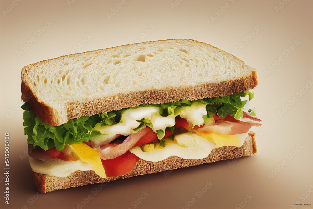 A large sandwich with cheese, ham, tomatoes, salad lettuce. Close-up A large sandwich with cheese, ham, tomatoes, salad lettuce. Close-up