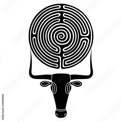 Stylized horned head of a bull holding a round spiral maze or labyrinth symbol. Creative concept. Ancient animal sculpture from Maiiorca, Spain. Black and white silhouette.