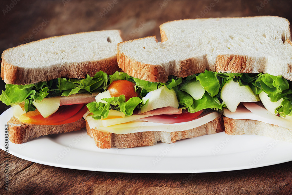 A large sandwich with salad lettuce, cheese, ham, tomatoes. Close-up A large sandwich with salad lettuce, cheese, ham, tomatoes. Close-up