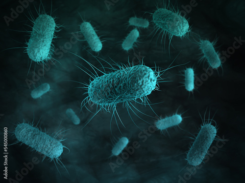 close up of 3d microscopic bacteria cells Escherichia Coli (E. Coli.) under microscope