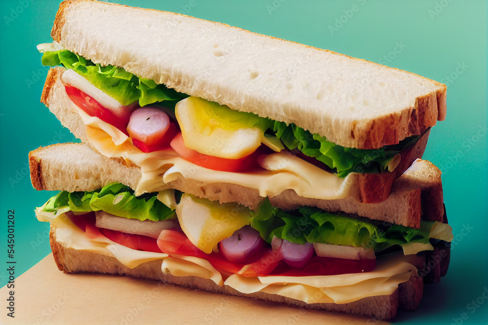 Lunch sandwich with , salad lettuce, tomatoes, cheese Lunch sandwich with , salad lettuce, tomatoes, cheese