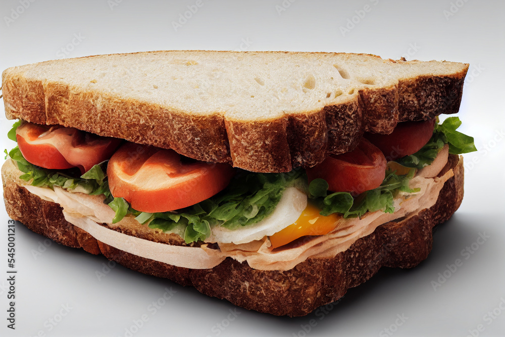 Sandwich with egg, salad lettuce, tomatoes. Close-up