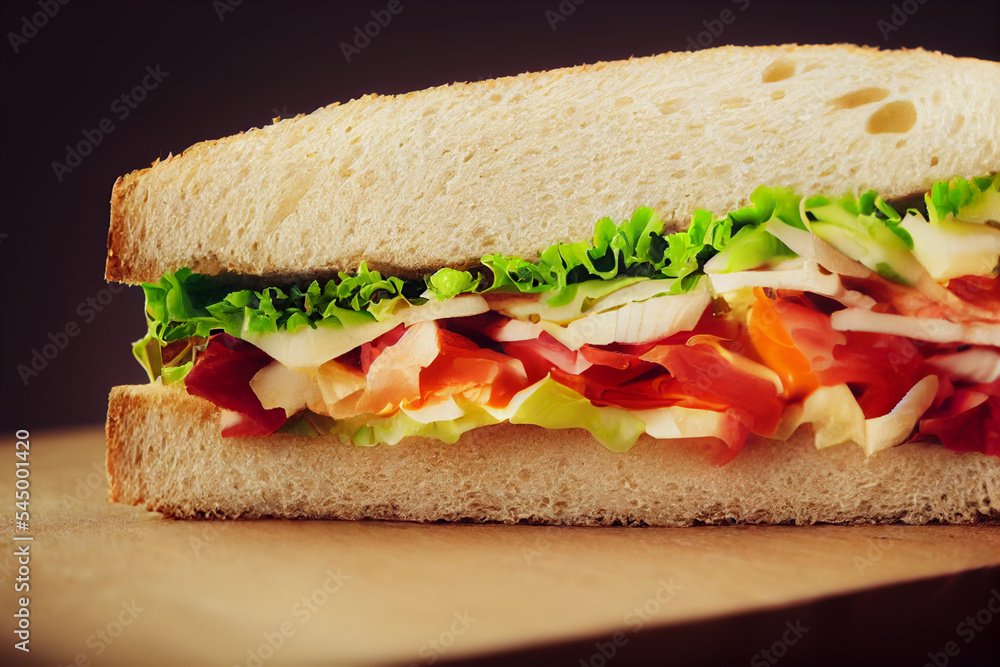 Fresh bread sandwich with salad lettuce, egg, tomatoes Fresh bread sandwich with salad lettuce, egg, tomatoes