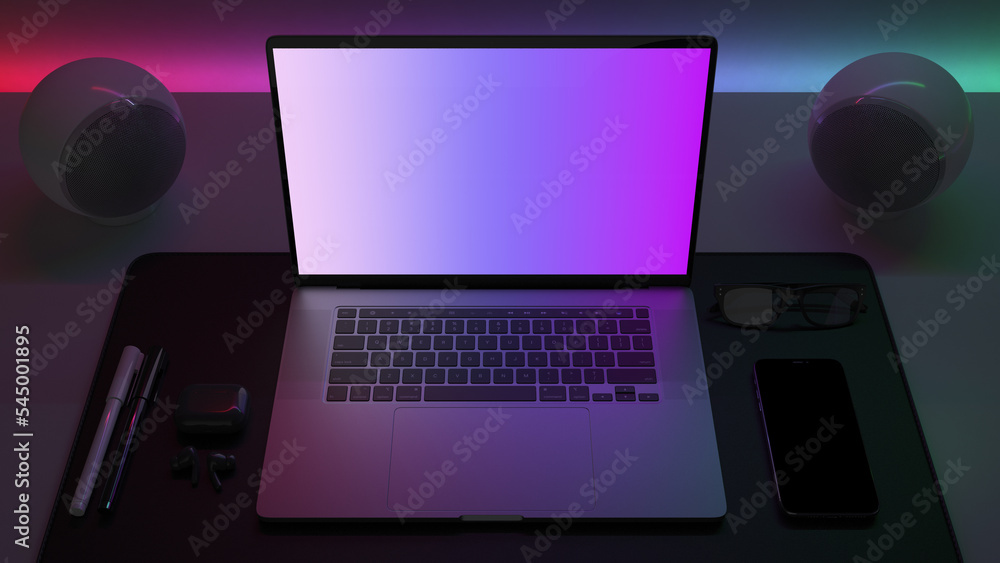 The laptop is surrounded by colored lights. 3D render. The laptop is surrounded by colored lights. 3D render.